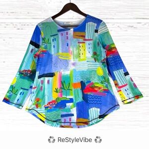 JESS & JANE Women’s Size S Shirt Top Graphic Tee Bicycle Long Sleeve Santorini